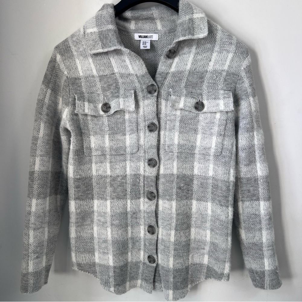 William Rast Light Gray and Cream Checkered Thin Knit Shacket